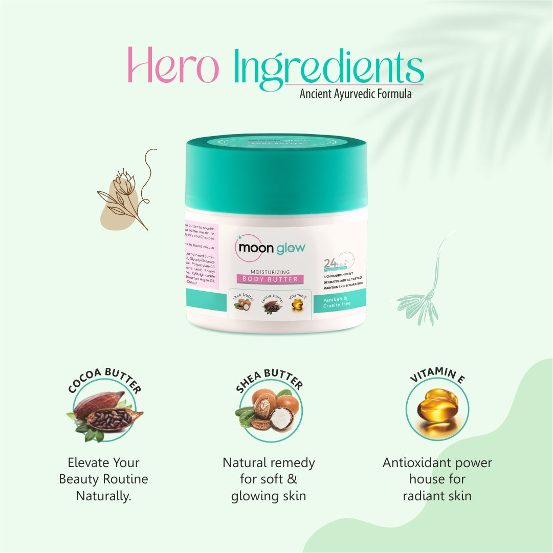 Moon Glow Body Butter | Hydrating & Moisturising Cream | Shea Butter, cocoa butter & Vitamin E | 24 Hr Moisturisation | Fast Absorbing | Perfect Moisture (100g)