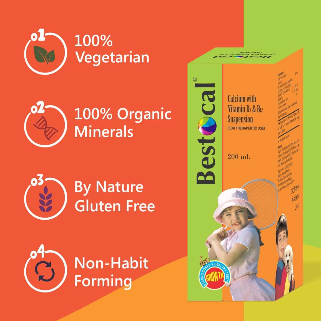 Bestocal calcium with Vitamin D3 & Vitamin B12 Suspension Vanilla Flavour | for Bones and Teeth Strength