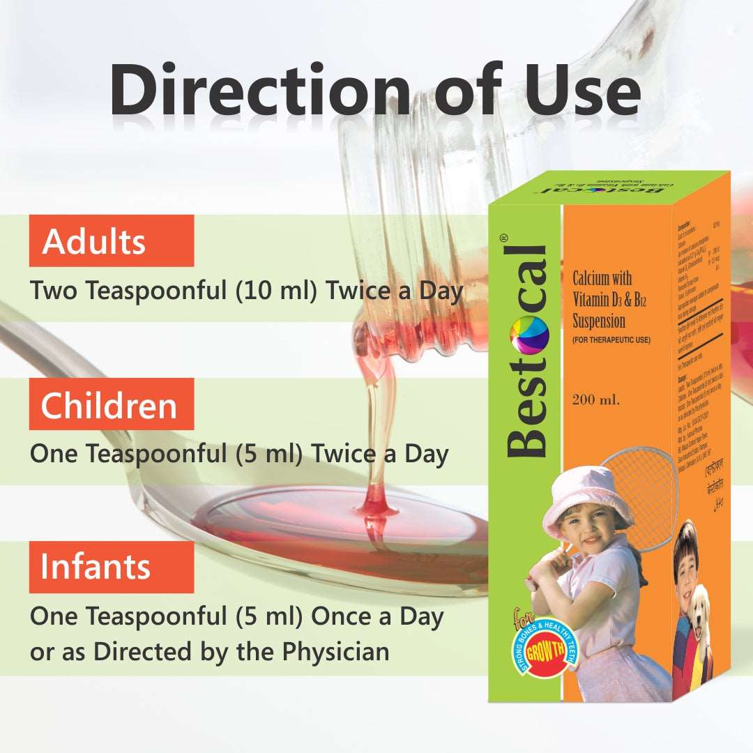 Bestocal calcium with Vitamin D3 & Vitamin B12 Suspension Vanilla Flavour | for Bones and Teeth Strength