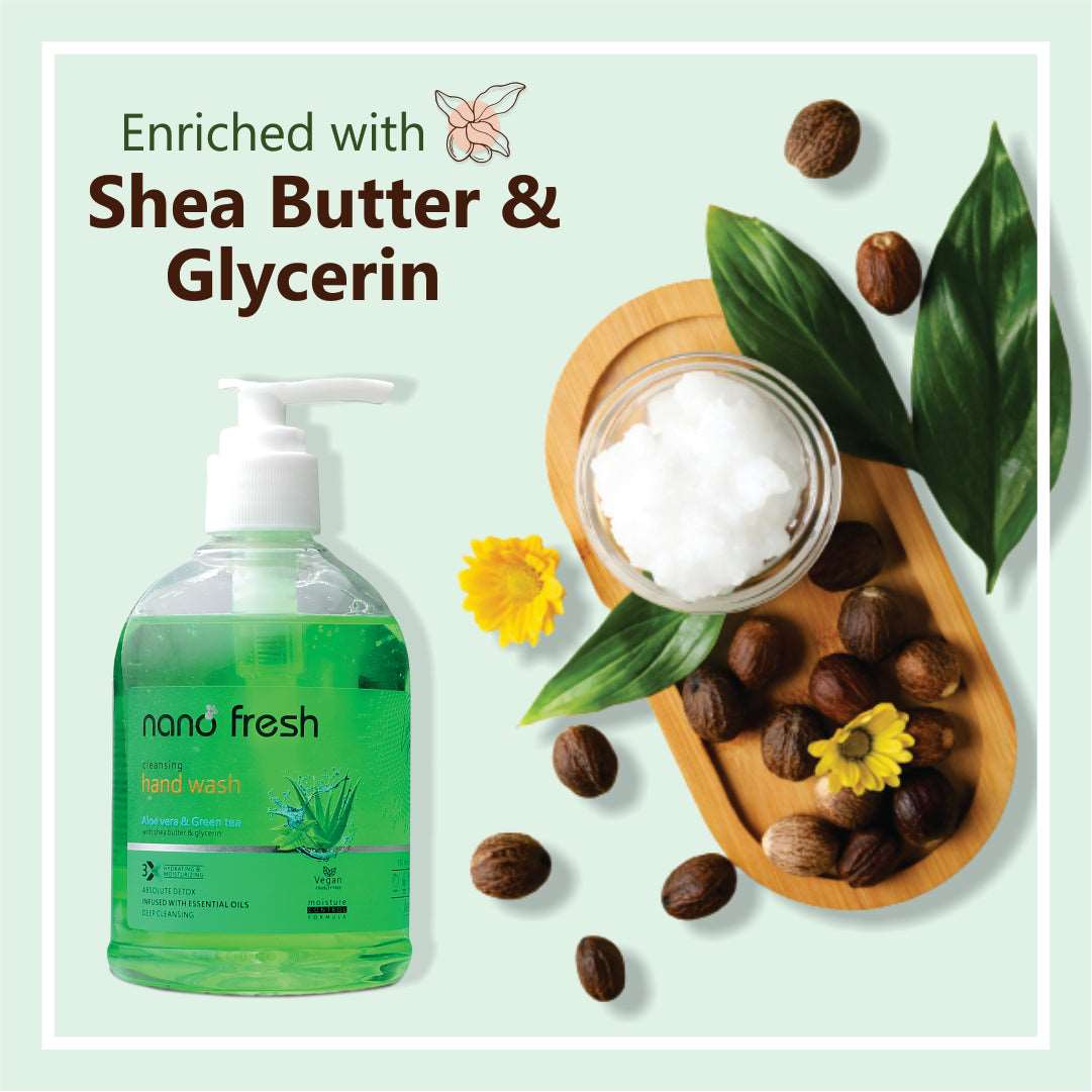 Nano Fresh Green Tea and Aloe vera Cleansing hand wash 300ML | Blended with Shea Butter and Glycerine | Kills 99.9% Harmful Germs