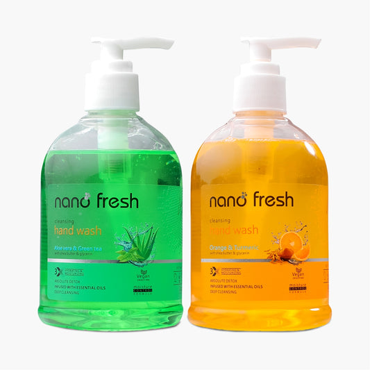 Nano Fresh GreenTea & Aloevera + Orange & turmeric Cleansing Hand Wash 300ml * 2 | Shea Butter and Glycerin | Kills 99.9% Harmful Germs