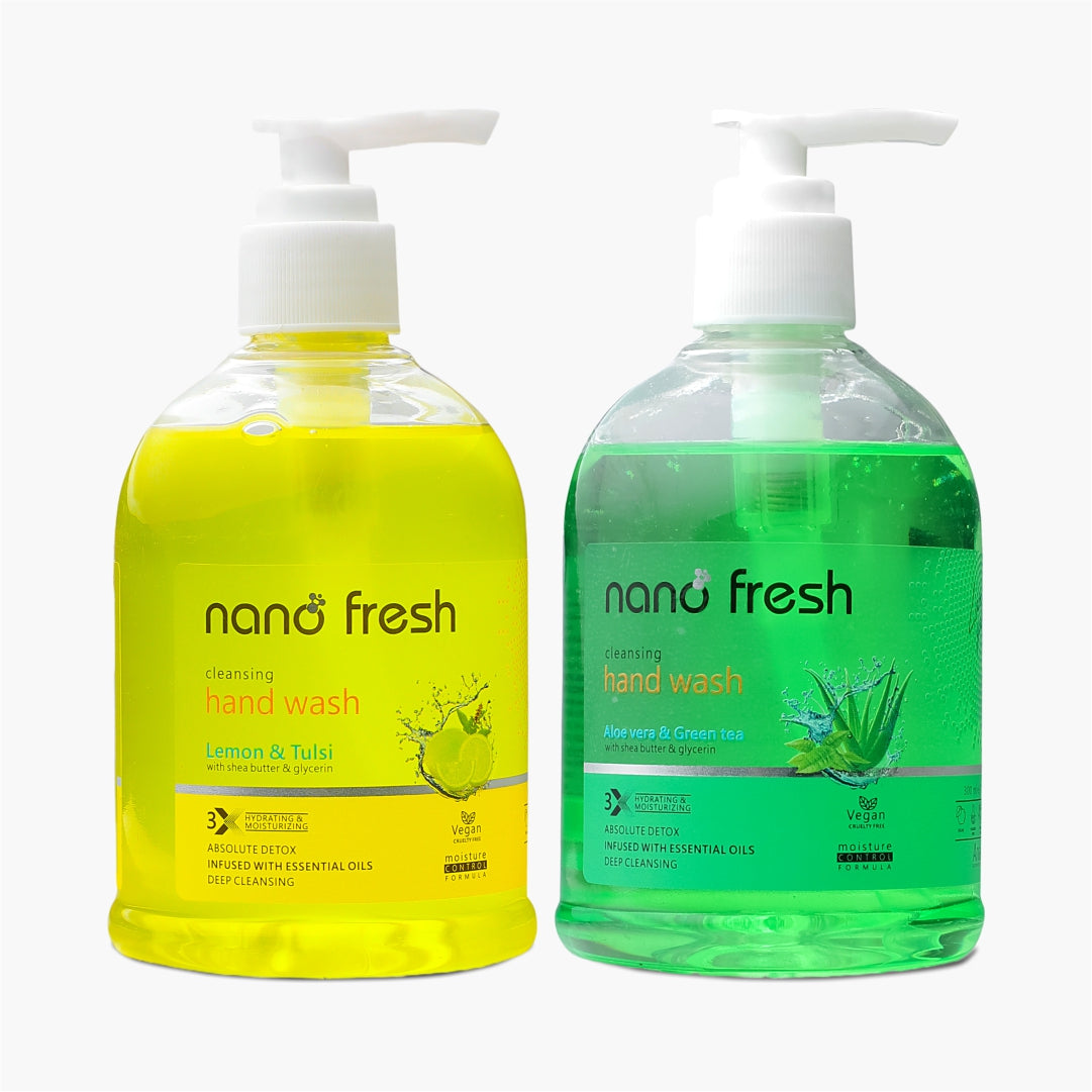 Nano Fresh Lemon & Tulsi + GreenTea & Aloevera Cleansing Hand Wash 2 X 300ml | Shea Butter and Glycerin | Kills 99.9% Harmful Germs
