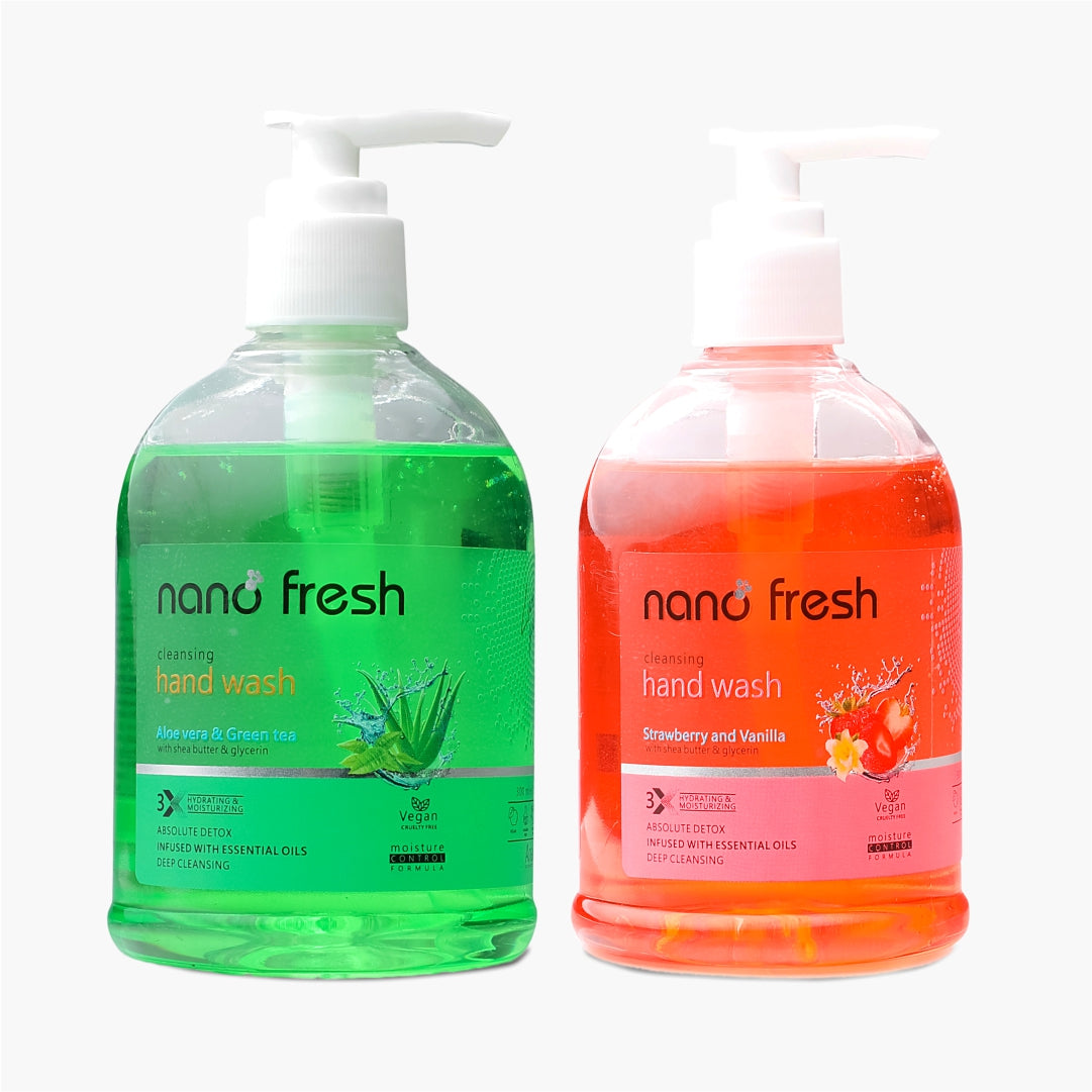 Nano Fresh Green Tea and Aloevera + Strawberry & vanilla Cleansing Hand Wash 2 X 300ml | Shea Butter and Glycerin | Kills 99.9% Harmful Germs
