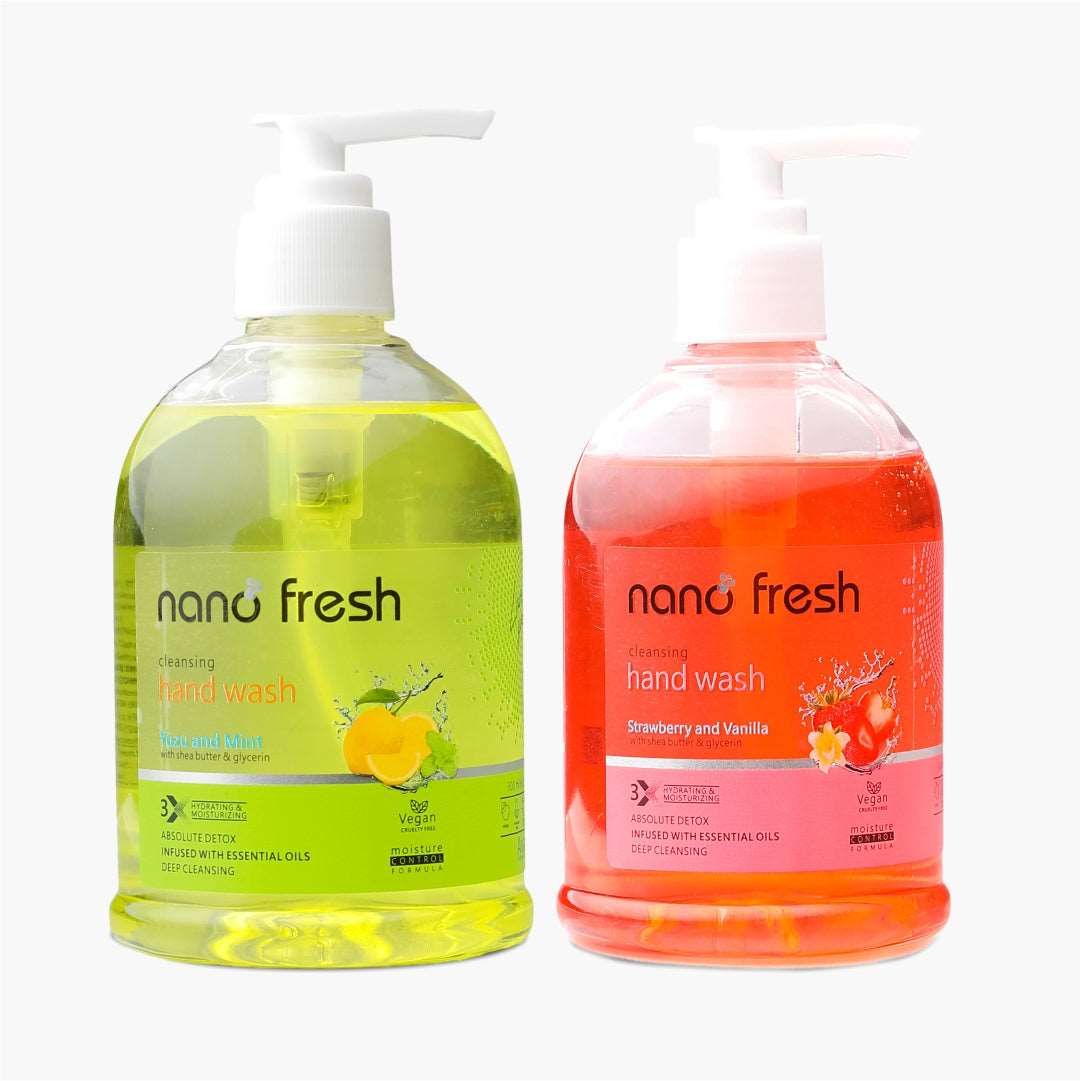 Nano Fresh Yuzu & mint and Strawberry & vanilla Cleansing Hand Wash 2 X 300ml | Shea Butter and Glycerin | Kills 99.9% Harmful Germs