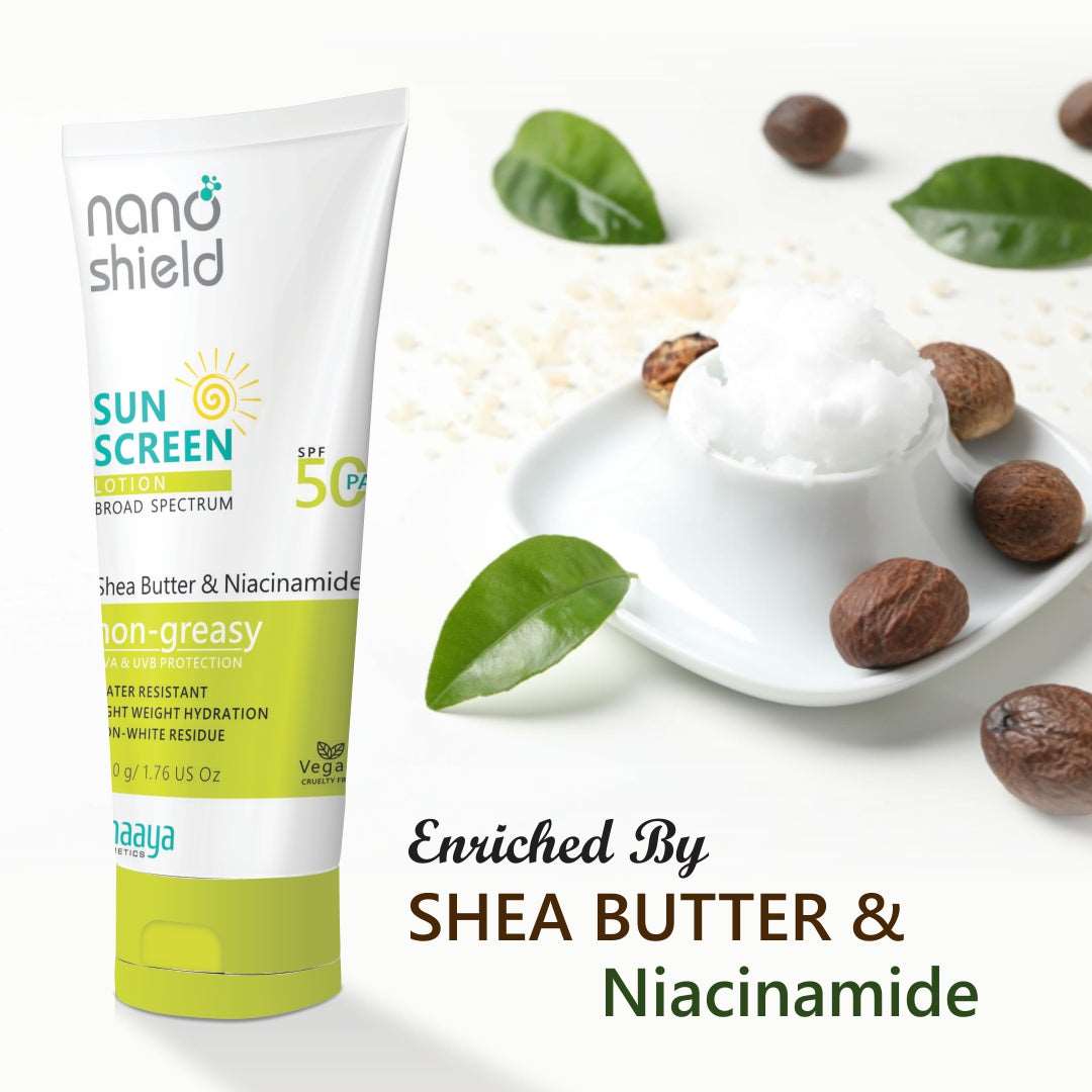 Nano Shield Shea Butter & Niacinamide SPF 50 PA+++ Sunscreen Lotion 50g (Pack of 2) | Extended UVA/UVB Protection for up to 300 Minutes | Enriched with Nourishing Shea Butter and Niacinamide | Lightweight and Non-Greasy Formula