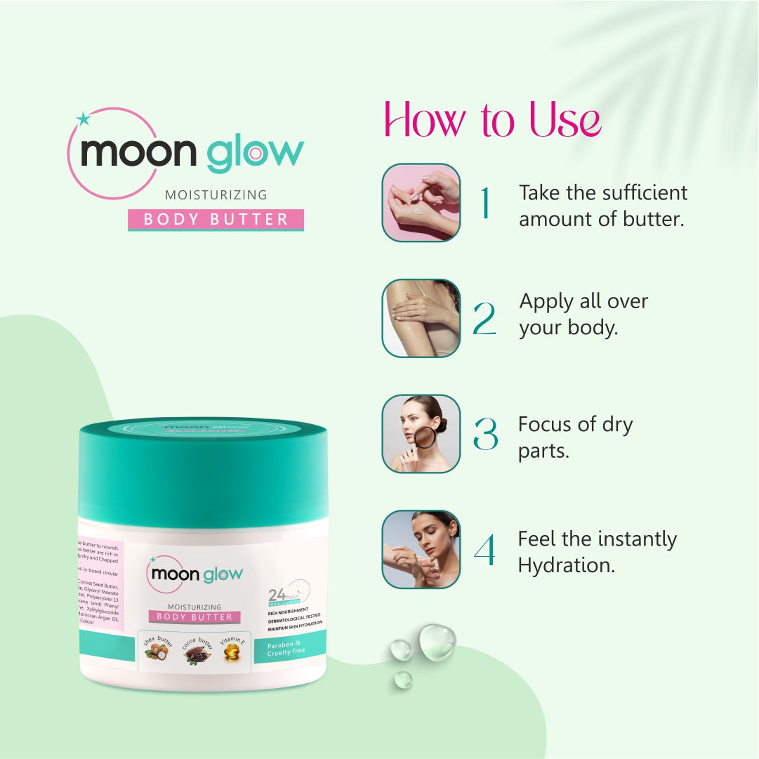 Moon Glow Body Butter | Hydrating & Moisturising Cream | Shea Butter, cocoa butter & Vitamin E | 24 Hr Moisturisation | Fast Absorbing | Perfect Moisture (100g)