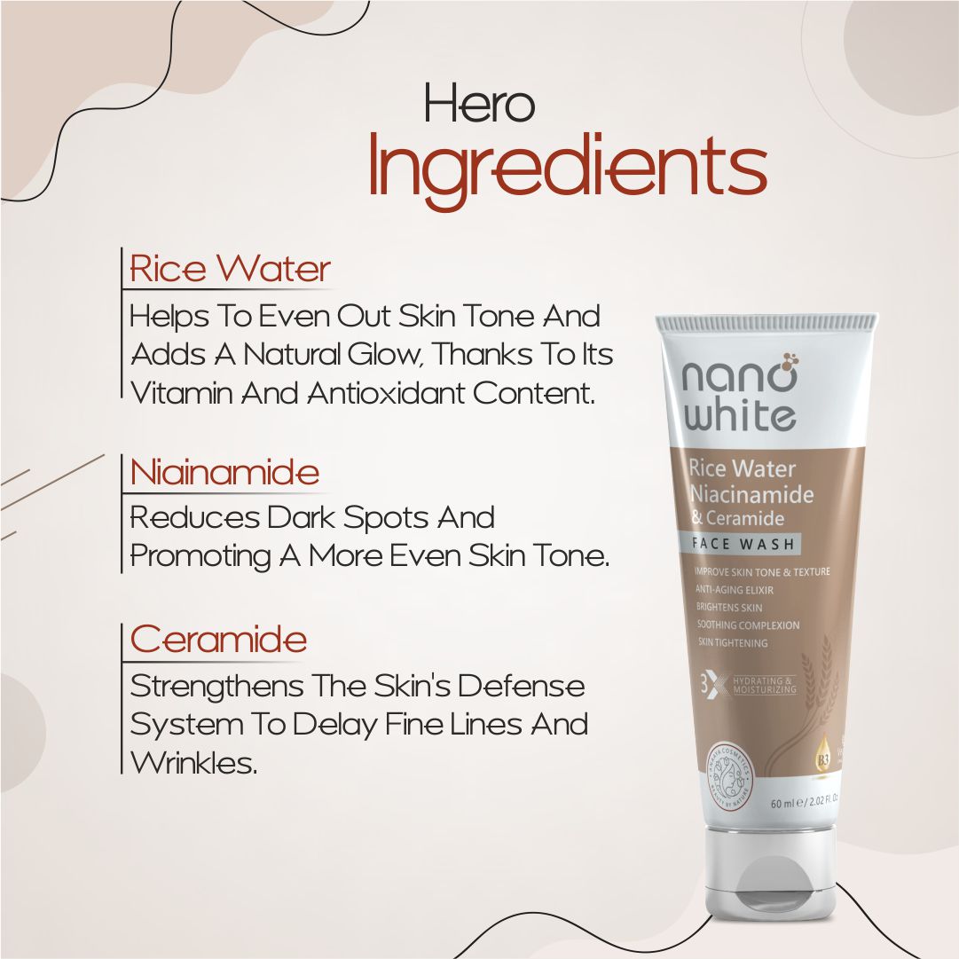 Nano White Rice Water, Niacinamide & Ceramide For Glass Skin | Tightening |Nourishing Glowing | Extra Hydrating |Anti Aging Face wash 60 ml