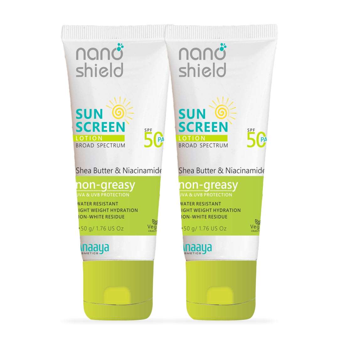 Nano Shield Shea Butter & Niacinamide SPF 50 PA+++ Sunscreen Lotion 50g (Pack of 2) | Extended UVA/UVB Protection for up to 300 Minutes | Enriched with Nourishing Shea Butter and Niacinamide | Lightweight and Non-Greasy Formula