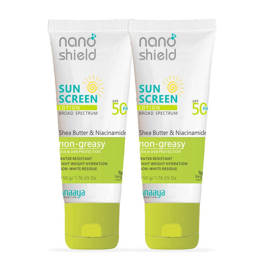 Nano Shield Shea Butter & Niacinamide SPF 50 PA+++ Sunscreen Lotion 50g (Pack of 2) | Extended UVA/UVB Protection for up to 300 Minutes | Enriched with Nourishing Shea Butter and Niacinamide | Lightweight and Non-Greasy Formula
