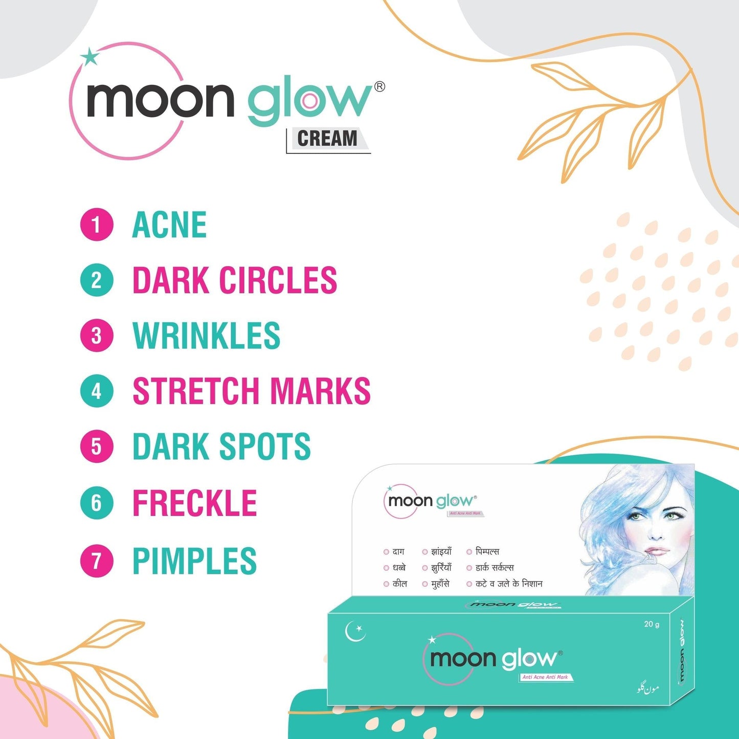 Moon Glow Cream & Soap for Acne, Pimples, Black Spots, Dark Circles, Stretch Marks, Anti-Aging and Fairness (2 Cream + 4 soap) - Olefia Biopharma Limited
